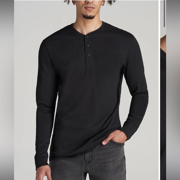 New Mens American Tall Three Button Long Sleeve Slub Henley Shirt Black XL XT - Picture 1 of 7